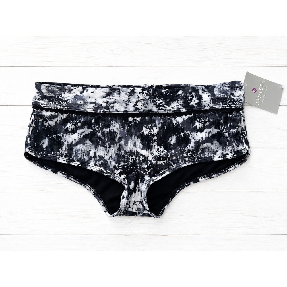 Athleta Roca Chica Bikini Bottom Black White Abstract Scallop Trim NWT Medium